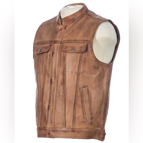 HUNT CLUB STYLE MEN'S MOTORCYCLE DISTRESSED BROWN CONCEALED CARRY LEATHER VEST - Picture 2 of 3